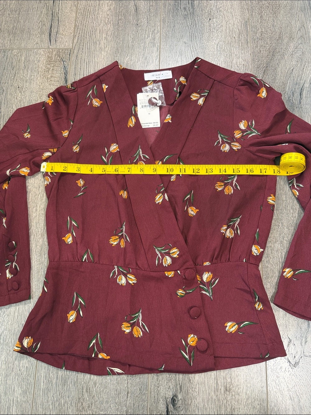 Elodie Burgundy Floral Wrap Blouse with Yellow Accent - Picture 6 of 9